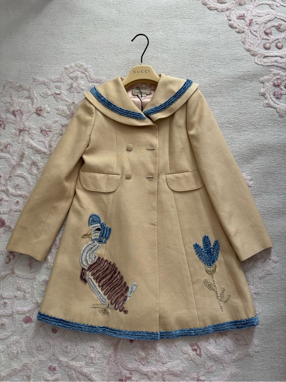 Gucci Beige Kids Sailor-Collar Pea Coat with Blue Trim